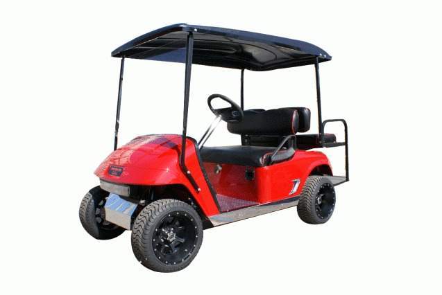 Vista lateral izquierda del carrito de golf con temática de veneno rojo Kendall