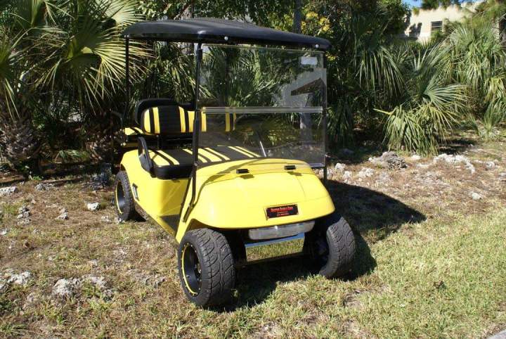 Carrito de golf con temática de veneno amarillo, parte delantera de Kendall