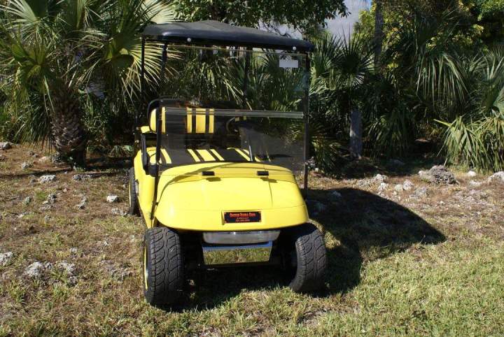 Carrito de golf con temática de veneno amarillo, parte delantera derecha, Kendall